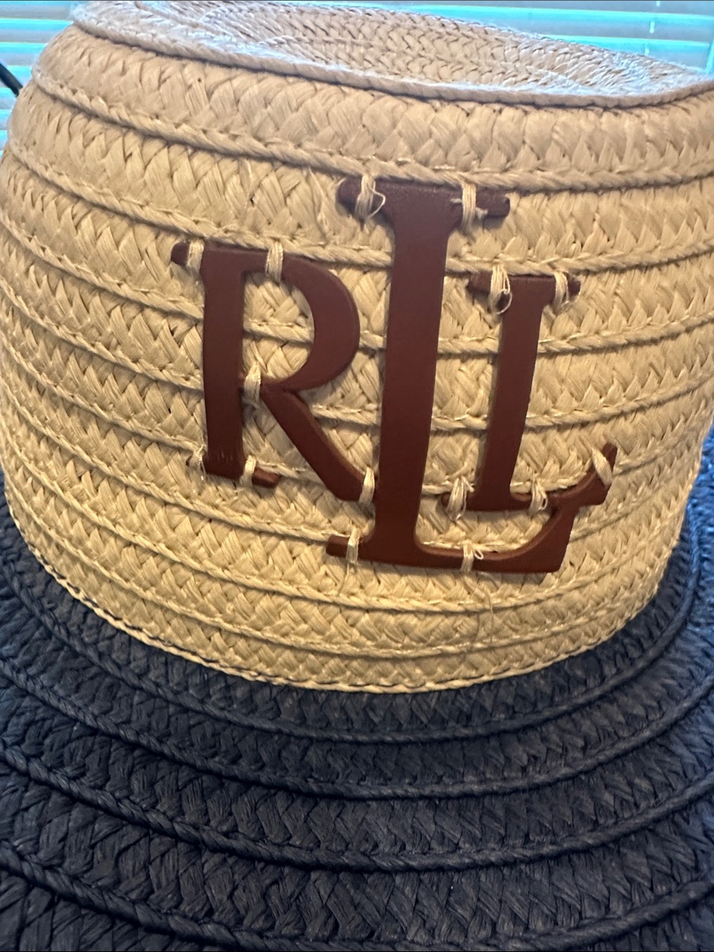 Lauren Ralph Lauren Two-Tone Straw Sun Hat in Navy & Natural with RL Monogram - Picture 2 of 7